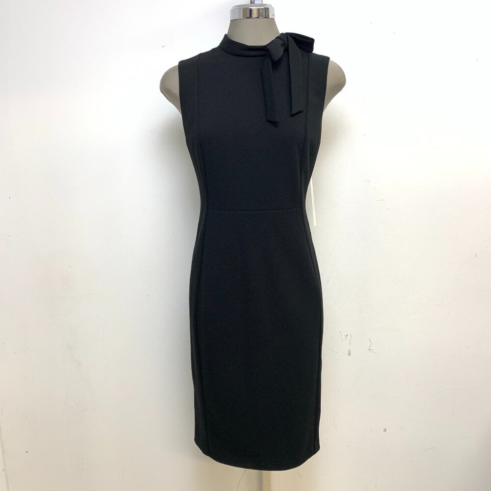 New Size 10 Calvin Klein Elegant Crepe Black Tie Neck Sheath Dress Easy Fit